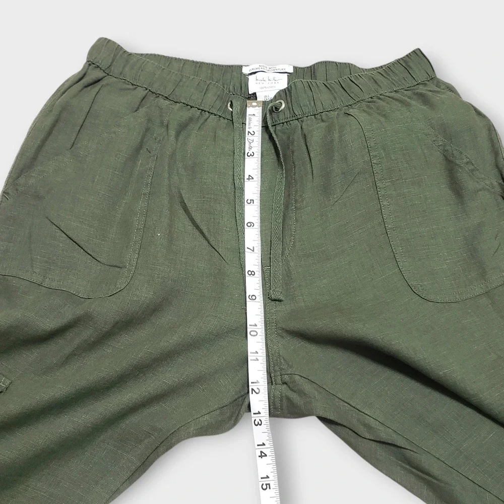 Nicole Miller New York 100% Linen‎ Cargo Joggers Green Large Drawstring Pants